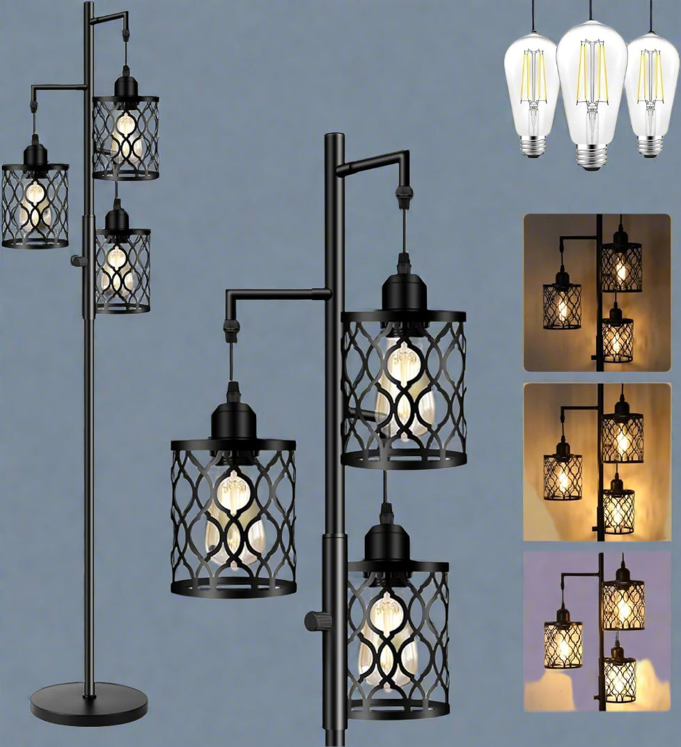 modern black 3-light LED floor lamp with mesh cage shades

dimmable industrial floor lamp with adjustable heads in living room

three-head stepless dimmable floor lamp for bedroom lighting

industrial style floor lamp with warm LED bulbs included

