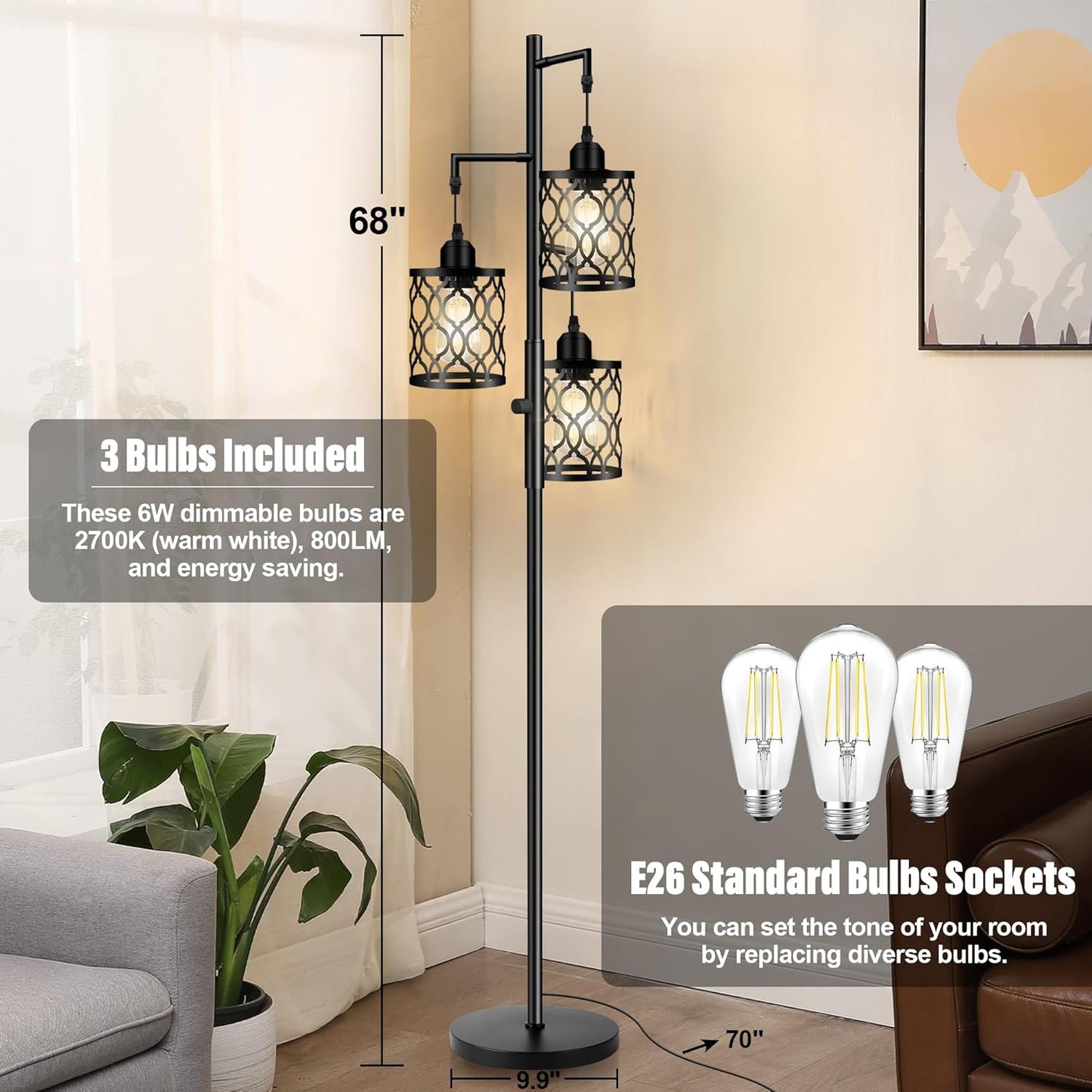 modern black 3-light LED floor lamp with mesh cage shades

dimmable industrial floor lamp with adjustable heads in living room

three-head stepless dimmable floor lamp for bedroom lighting

industrial style floor lamp with warm LED bulbs included

