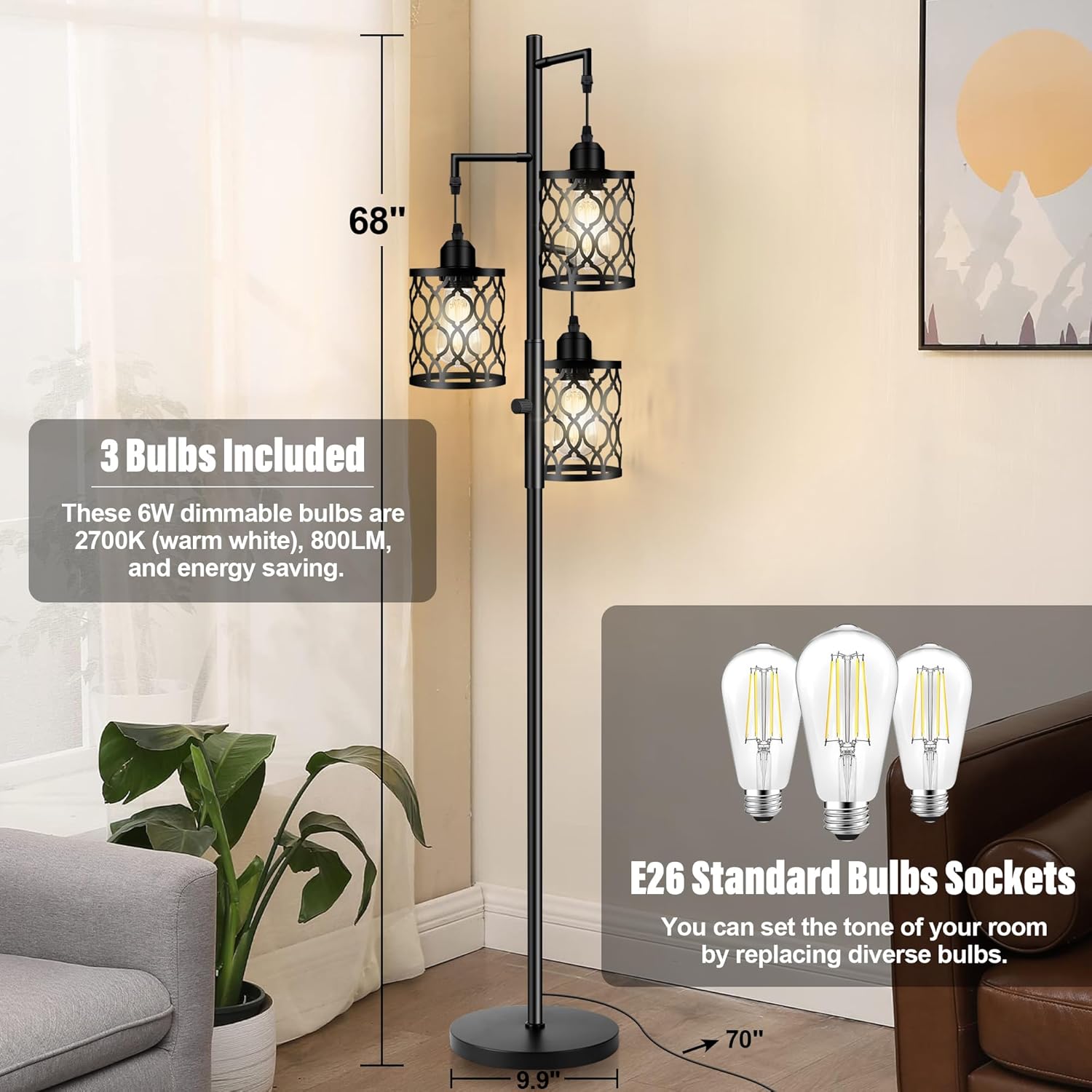modern black 3-light LED floor lamp with mesh cage shades

dimmable industrial floor lamp with adjustable heads in living room

three-head stepless dimmable floor lamp for bedroom lighting

industrial style floor lamp with warm LED bulbs included

