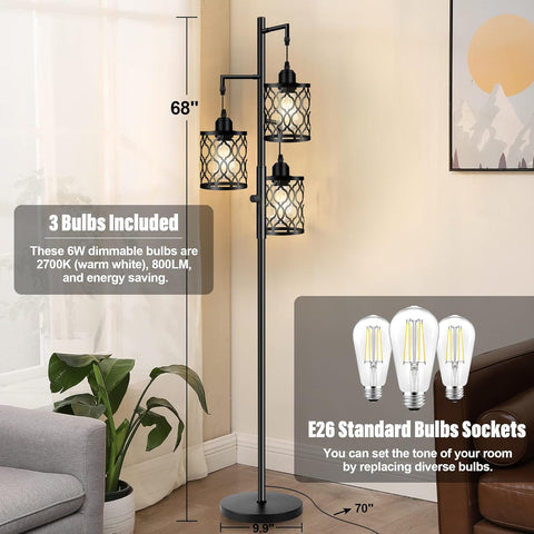 modern black 3-light LED floor lamp with mesh cage shades

dimmable industrial floor lamp with adjustable heads in living room

three-head stepless dimmable floor lamp for bedroom lighting

industrial style floor lamp with warm LED bulbs included

