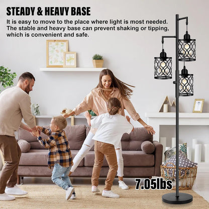 modern black 3-light LED floor lamp with mesh cage shades

dimmable industrial floor lamp with adjustable heads in living room

three-head stepless dimmable floor lamp for bedroom lighting

industrial style floor lamp with warm LED bulbs included

