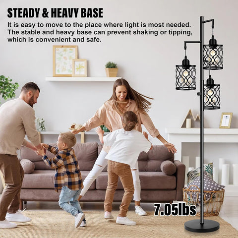modern black 3-light LED floor lamp with mesh cage shades

dimmable industrial floor lamp with adjustable heads in living room

three-head stepless dimmable floor lamp for bedroom lighting

industrial style floor lamp with warm LED bulbs included

