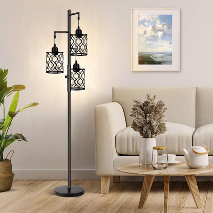 modern black 3-light LED floor lamp with mesh cage shades

dimmable industrial floor lamp with adjustable heads in living room

three-head stepless dimmable floor lamp for bedroom lighting

industrial style floor lamp with warm LED bulbs included

