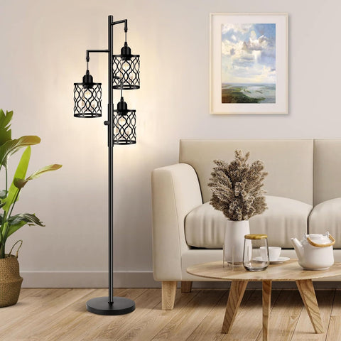 modern black 3-light LED floor lamp with mesh cage shades

dimmable industrial floor lamp with adjustable heads in living room

three-head stepless dimmable floor lamp for bedroom lighting

industrial style floor lamp with warm LED bulbs included

