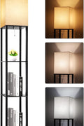 63 inch modern LED floor lamp with shelves and warm white light

black floor lamp with built-in shelves for bedroom or living room

LED lamp with 3 color temperature modes and storage shelves

touch control corner floor lamp with wood display shelves