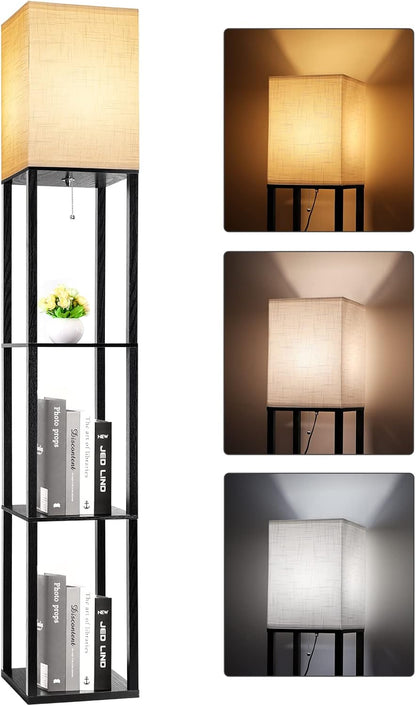63 inch modern LED floor lamp with shelves and warm white light

black floor lamp with built-in shelves for bedroom or living room

LED lamp with 3 color temperature modes and storage shelves

touch control corner floor lamp with wood display shelves