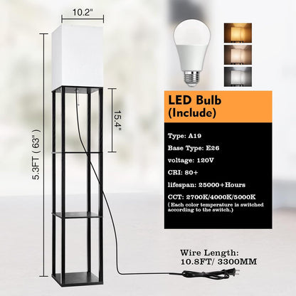63 inch modern LED floor lamp with shelves and warm white light

black floor lamp with built-in shelves for bedroom or living room

LED lamp with 3 color temperature modes and storage shelves

touch control corner floor lamp with wood display shelves