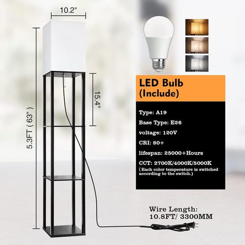 63 inch modern LED floor lamp with shelves and warm white light

black floor lamp with built-in shelves for bedroom or living room

LED lamp with 3 color temperature modes and storage shelves

touch control corner floor lamp with wood display shelves