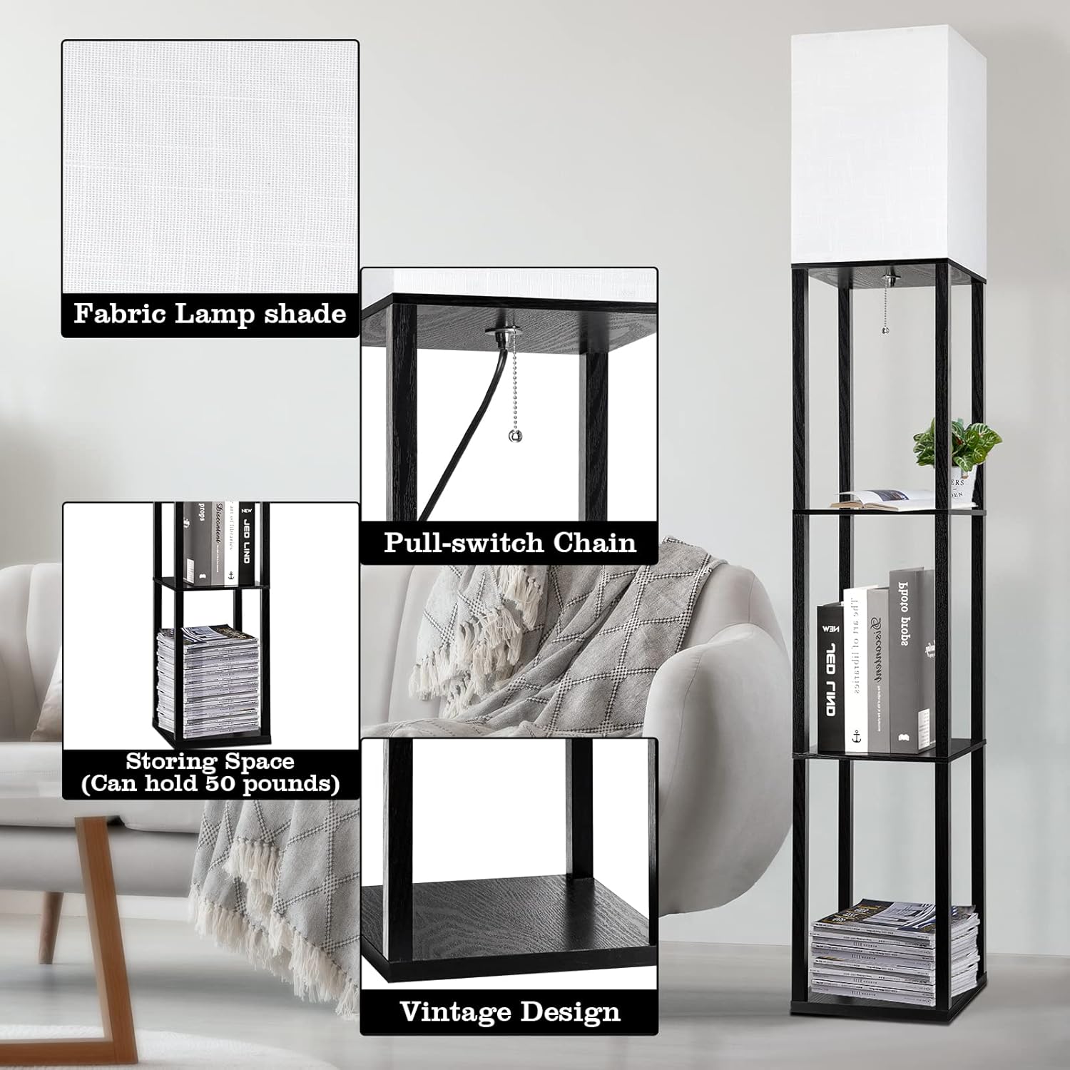 63 inch modern LED floor lamp with shelves and warm white light

black floor lamp with built-in shelves for bedroom or living room

LED lamp with 3 color temperature modes and storage shelves

touch control corner floor lamp with wood display shelves