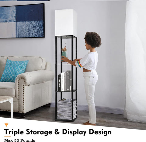 63 inch modern LED floor lamp with shelves and warm white light

black floor lamp with built-in shelves for bedroom or living room

LED lamp with 3 color temperature modes and storage shelves

touch control corner floor lamp with wood display shelves