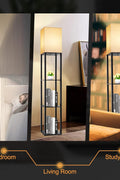 63 inch modern LED floor lamp with shelves and warm white light

black floor lamp with built-in shelves for bedroom or living room

LED lamp with 3 color temperature modes and storage shelves

touch control corner floor lamp with wood display shelves