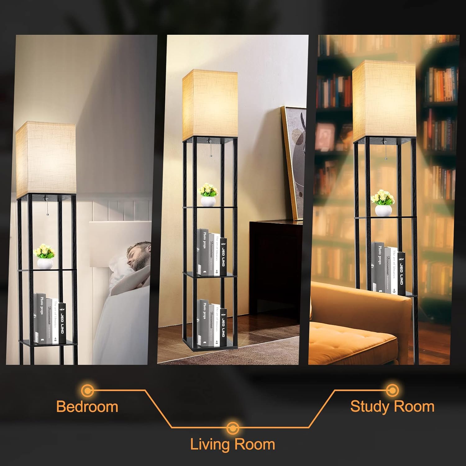 63 inch modern LED floor lamp with shelves and warm white light

black floor lamp with built-in shelves for bedroom or living room

LED lamp with 3 color temperature modes and storage shelves

touch control corner floor lamp with wood display shelves
