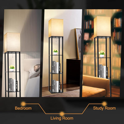63 inch modern LED floor lamp with shelves and warm white light

black floor lamp with built-in shelves for bedroom or living room

LED lamp with 3 color temperature modes and storage shelves

touch control corner floor lamp with wood display shelves