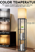 63 inch modern LED floor lamp with shelves and warm white light

black floor lamp with built-in shelves for bedroom or living room

LED lamp with 3 color temperature modes and storage shelves

touch control corner floor lamp with wood display shelves