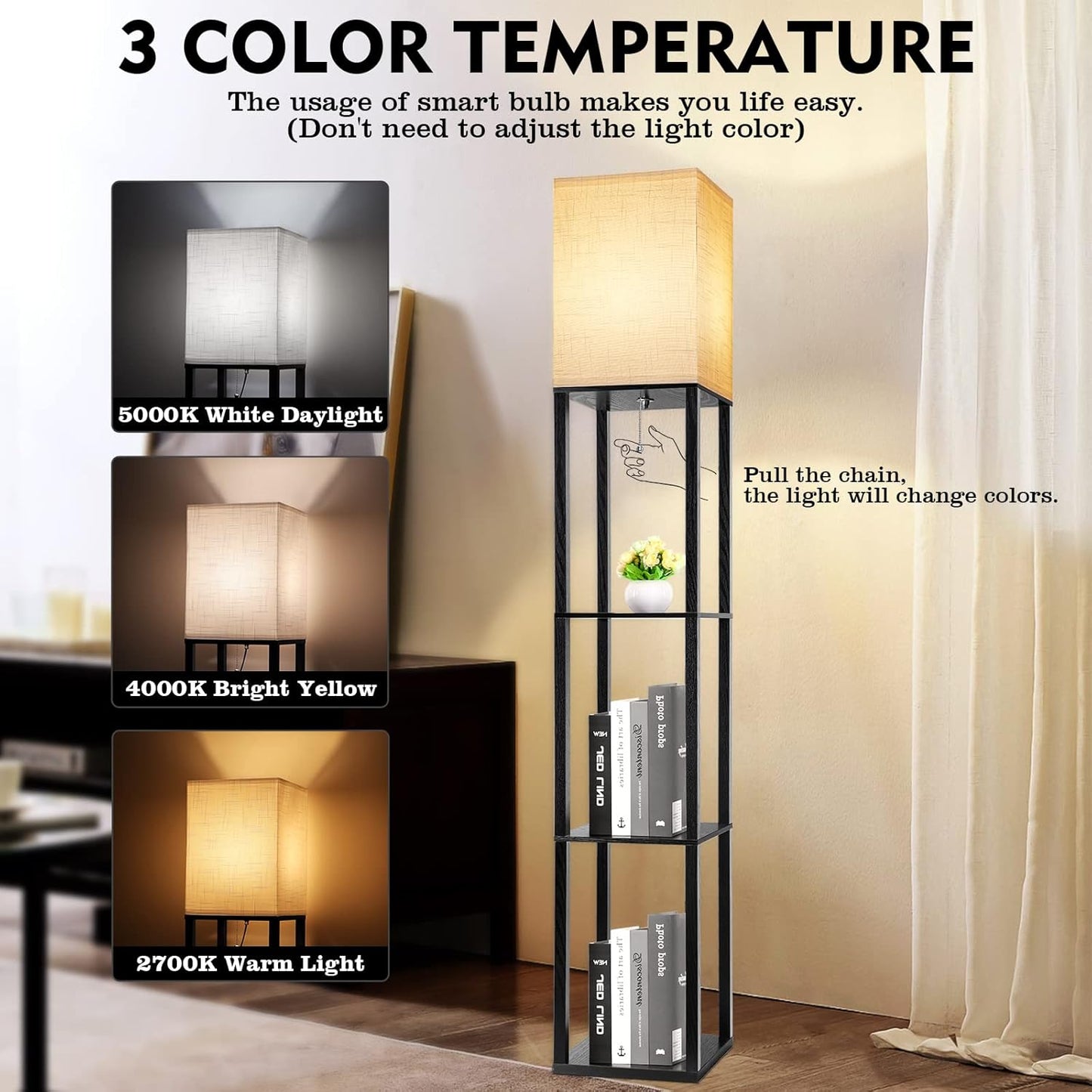 63 inch modern LED floor lamp with shelves and warm white light

black floor lamp with built-in shelves for bedroom or living room

LED lamp with 3 color temperature modes and storage shelves

touch control corner floor lamp with wood display shelves