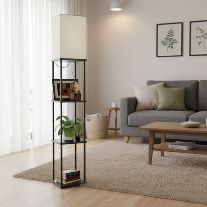 63 inch modern LED floor lamp with shelves and warm white light

black floor lamp with built-in shelves for bedroom or living room

LED lamp with 3 color temperature modes and storage shelves

touch control corner floor lamp with wood display shelves