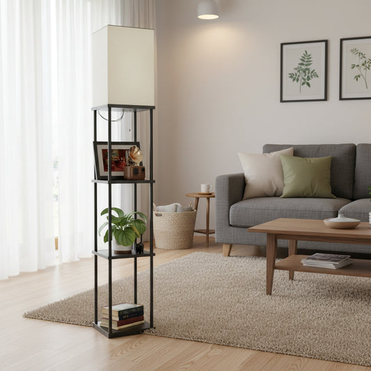63 inch modern LED floor lamp with shelves and warm white light

black floor lamp with built-in shelves for bedroom or living room

LED lamp with 3 color temperature modes and storage shelves

touch control corner floor lamp with wood display shelves