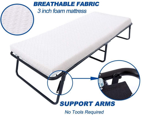 Fold-Out Guest Bed Cot with 3-Inch Memory Foam Mattress ��� Portable Sleeping Cot for Home, Office, or 