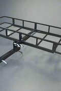 Folding hitch cargo basket mounted on SUV

Rear vehicle cargo basket with raised sides

Heavy-duty cargo carrier folded upright against vehicle