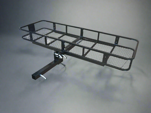 Folding hitch cargo basket mounted on SUV

Rear vehicle cargo basket with raised sides

Heavy-duty cargo carrier folded upright against vehicle