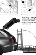 Folding hitch cargo basket mounted on SUV

Rear vehicle cargo basket with raised sides

Heavy-duty cargo carrier folded upright against vehicle