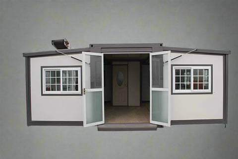 "Foldable insulated container home with windows and door – 19FT model"

"Portable prefab tiny home cabin for off-grid living and remote offices"

"Modular container house interior layout – white insulated walls and windows"