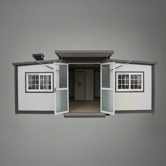 "Foldable insulated container home with windows and door – 19FT model"

"Portable prefab tiny home cabin for off-grid living and remote offices"

"Modular container house interior layout – white insulated walls and windows"