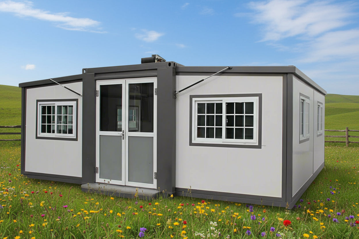 "Foldable insulated container home with windows and door – 19FT model"

"Portable prefab tiny home cabin for off-grid living and remote offices"

"Modular container house interior layout – white insulated walls and windows"