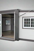 "Foldable insulated container home with windows and door – 19FT model"

"Portable prefab tiny home cabin for off-grid living and remote offices"

"Modular container house interior layout – white insulated walls and windows"