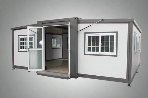 "Foldable insulated container home with windows and door – 19FT model"

"Portable prefab tiny home cabin for off-grid living and remote offices"

"Modular container house interior layout – white insulated walls and windows"