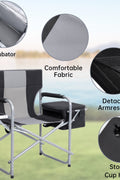 Heavy-duty folding camping chair with side table
Black outdoor director’s chair with cooler bag
Close-up of built-in cup holder and folding frame
Portable folding chair folded and packed for storage
Camping chair in use outdoors near a tent and a cooler