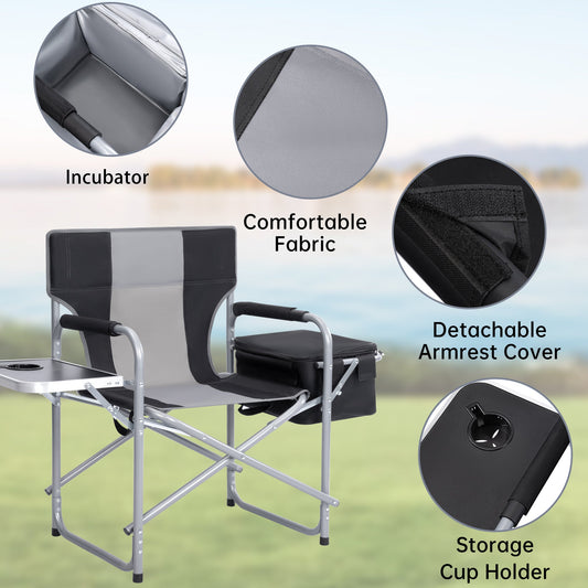 Heavy-duty folding camping chair with side table
Black outdoor director’s chair with cooler bag
Close-up of built-in cup holder and folding frame
Portable folding chair folded and packed for storage
Camping chair in use outdoors near a tent and a cooler