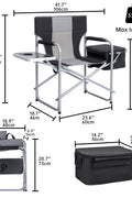 Heavy-duty folding camping chair with side table
Black outdoor director’s chair with cooler bag
Close-up of built-in cup holder and folding frame
Portable folding chair folded and packed for storage
Camping chair in use outdoors near a tent and a cooler
