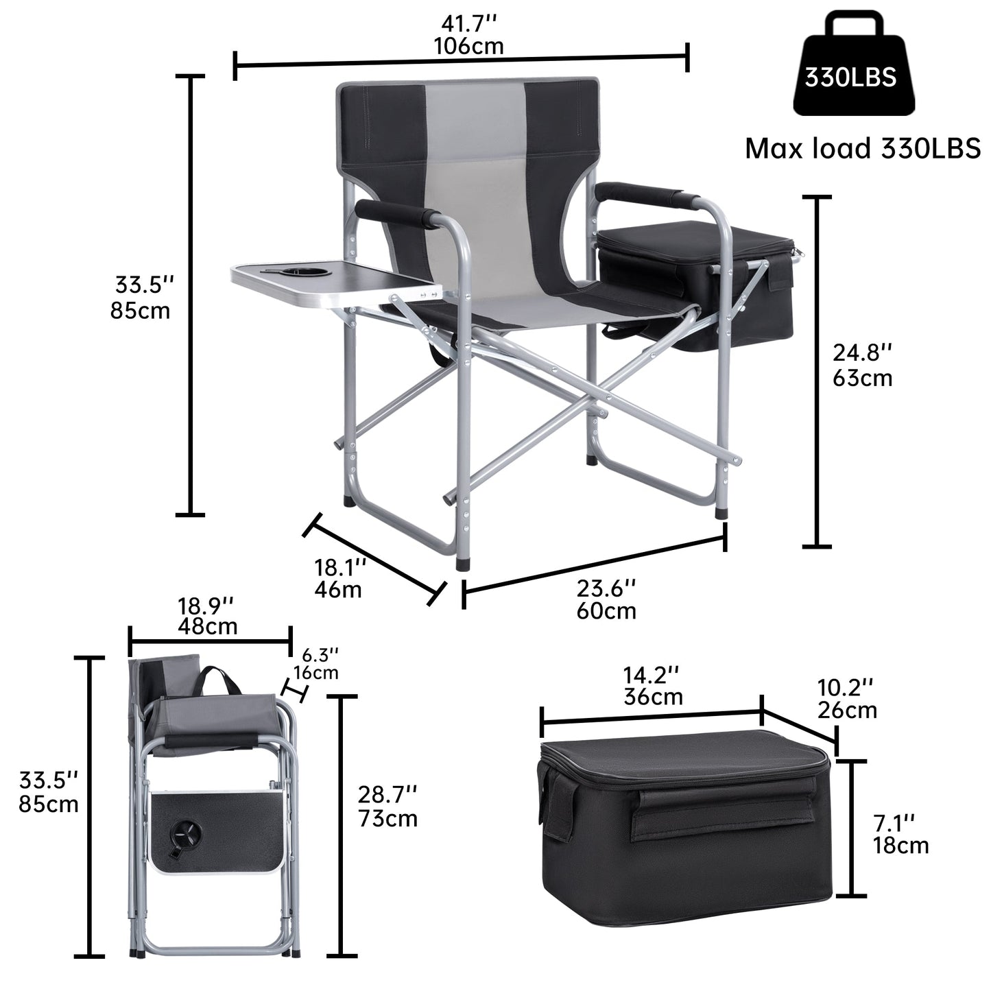 Heavy-duty folding camping chair with side table
Black outdoor director’s chair with cooler bag
Close-up of built-in cup holder and folding frame
Portable folding chair folded and packed for storage
Camping chair in use outdoors near a tent and a cooler