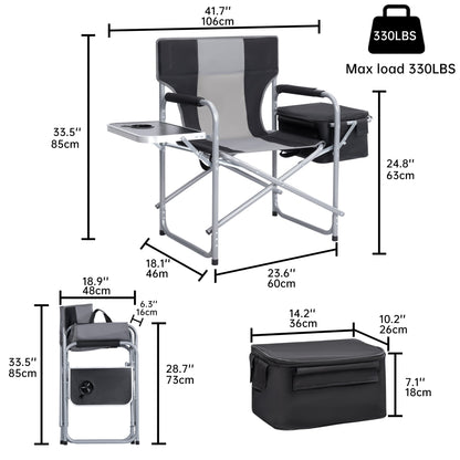 Heavy-duty folding camping chair with side table
Black outdoor director’s chair with cooler bag
Close-up of built-in cup holder and folding frame
Portable folding chair folded and packed for storage
Camping chair in use outdoors near a tent and a cooler