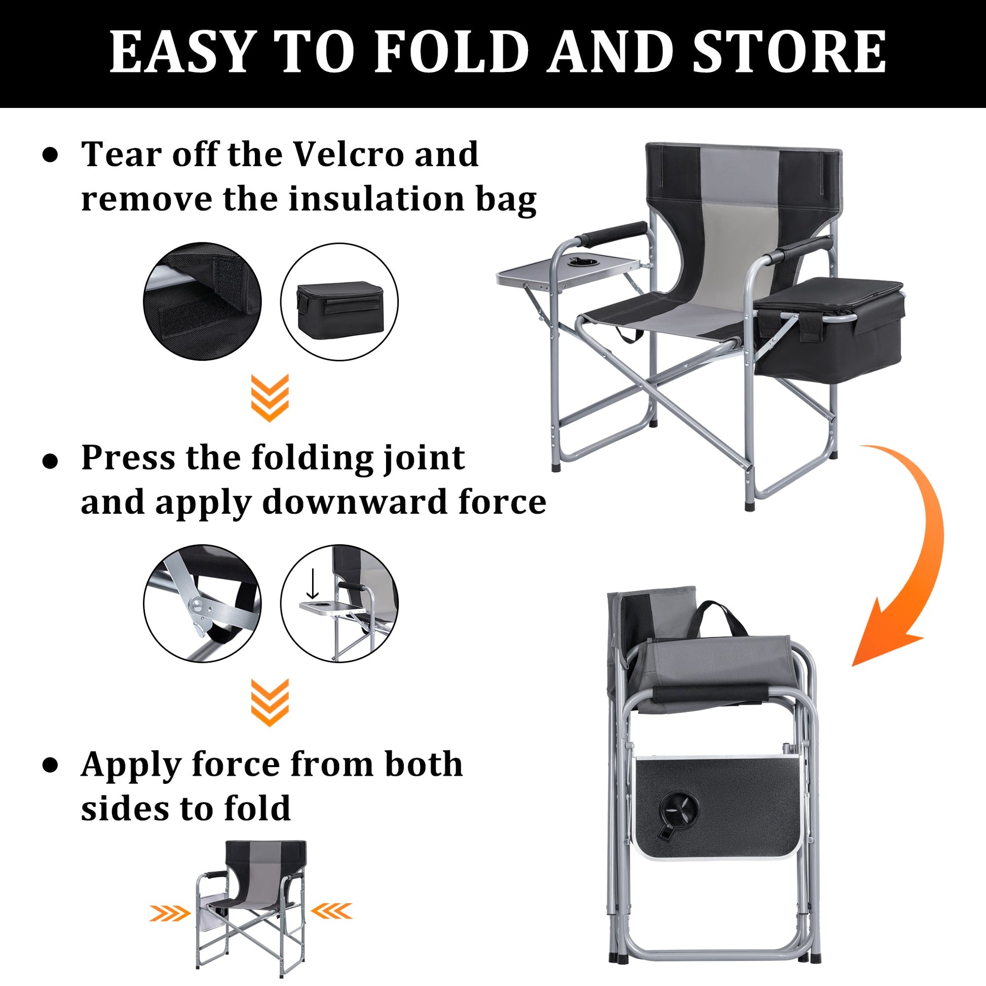 Heavy-duty folding camping chair with side table
Black outdoor director’s chair with cooler bag
Close-up of built-in cup holder and folding frame
Portable folding chair folded and packed for storage
Camping chair in use outdoors near a tent and a cooler