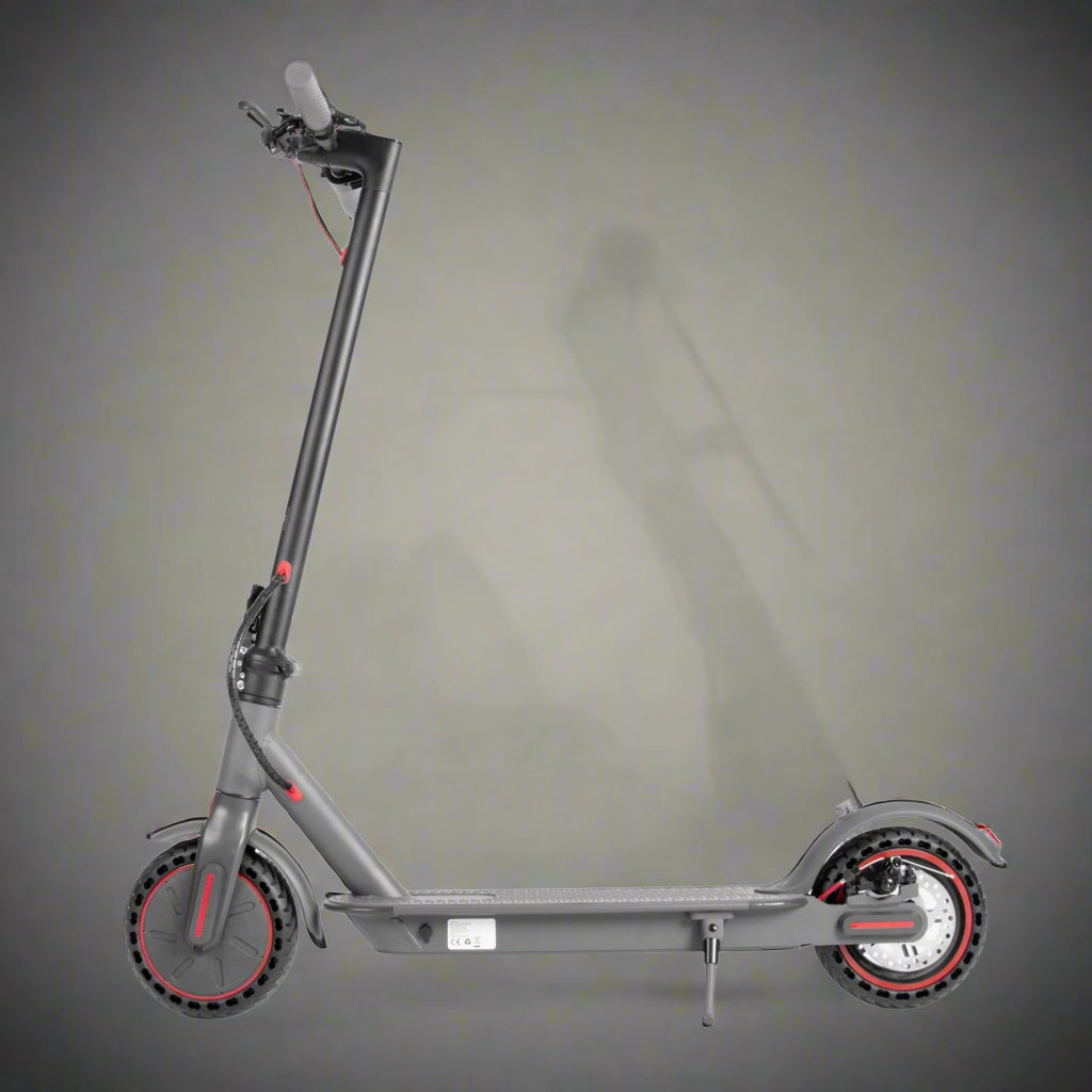 “Folding electric scooter with 8.5-inch tires and 250W motor”

“Black electric scooter folded for compact storage”

“Side view of lightweight commuter e-scooter for adults”

“Close-up of scooter handlebar with cruise control”

“Electric scooter parked for city commuting”

