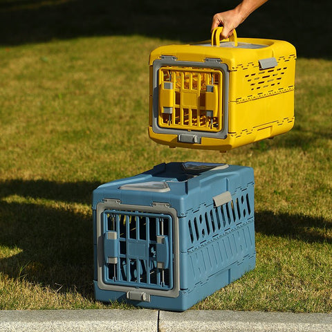 New Folding Plastic Pet Carrier – Airline - Approved Crate for Small & Large Pets - with LARGE BLUE | Sold by Uncle Wiener's Wholesale