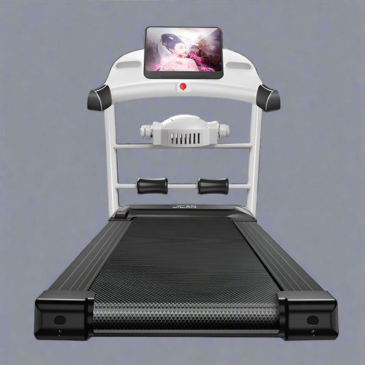 Folding treadmill front view with LCD screen

Compact treadmill side profile

Foldable treadmill for small spaces

Running belt close-up of JCT900E

JCT900E treadmill folded and stored

