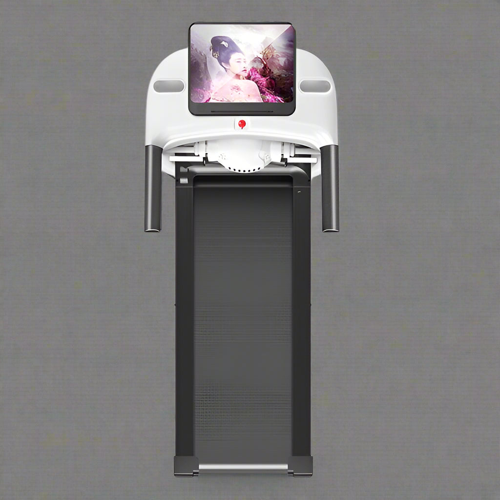 Folding treadmill front view with LCD screen

Compact treadmill side profile

Foldable treadmill for small spaces

Running belt close-up of JCT900E

JCT900E treadmill folded and stored

