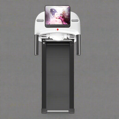 Folding treadmill front view with LCD screen

Compact treadmill side profile

Foldable treadmill for small spaces

Running belt close-up of JCT900E

JCT900E treadmill folded and stored

