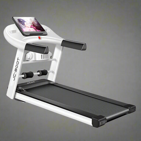 Folding treadmill front view with LCD screen

Compact treadmill side profile

Foldable treadmill for small spaces

Running belt close-up of JCT900E

JCT900E treadmill folded and stored

