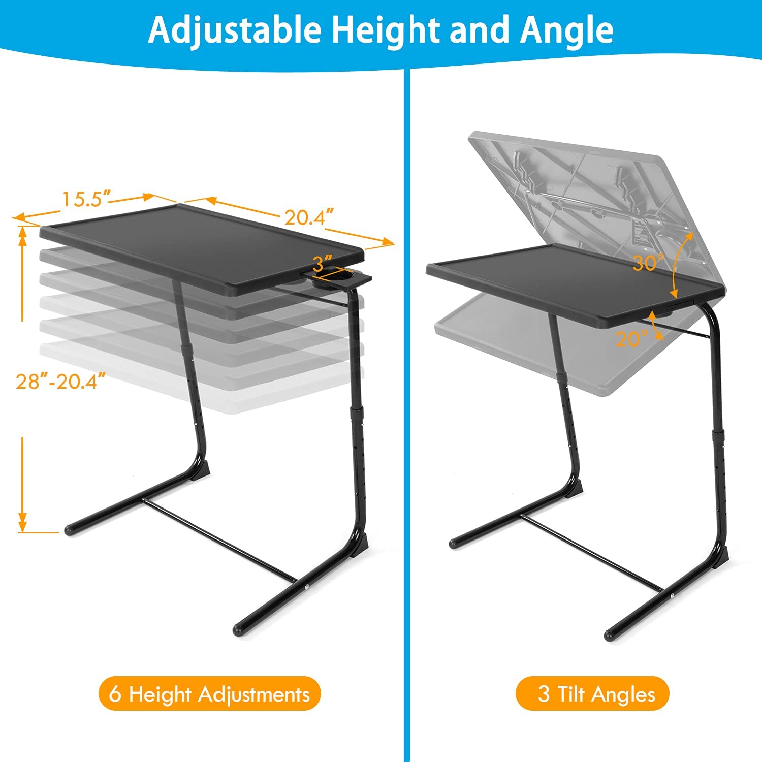 "Adjustable folding TV tray table with 3 tilt angles and cup holder for sofa or bed use – Model S3135"