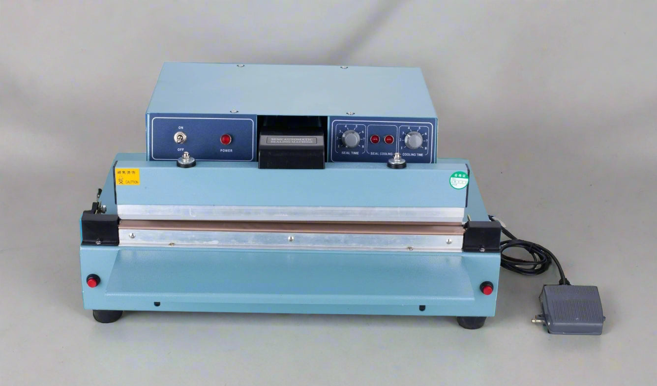 Foot pedal semi-automatic bag sealing machine side view
TianyuYoudo bag sealer with 32cm sealing width
High-speed heat sealer machine for packaging
Blue tabletop foot pedal bag sealing machine
FKR450 bag sealer for food storage and industrial use