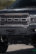 Front view of Ford F-150 with Raptor style grille installed
Close-up of honeycomb mesh design
Back of grill with wiring harness
LED light bars and connectors
Grill with lights turned on
