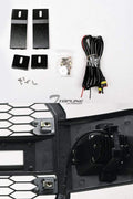 Front view of Ford F-150 with Raptor style grille installed
Close-up of honeycomb mesh design
Back of grill with wiring harness
LED light bars and connectors
Grill with lights turned on