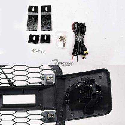 Front view of Ford F-150 with Raptor style grille installed
Close-up of honeycomb mesh design
Back of grill with wiring harness
LED light bars and connectors
Grill with lights turned on