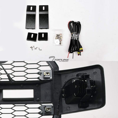 Front view of Ford F-150 with Raptor style grille installed
Close-up of honeycomb mesh design
Back of grill with wiring harness
LED light bars and connectors
Grill with lights turned on