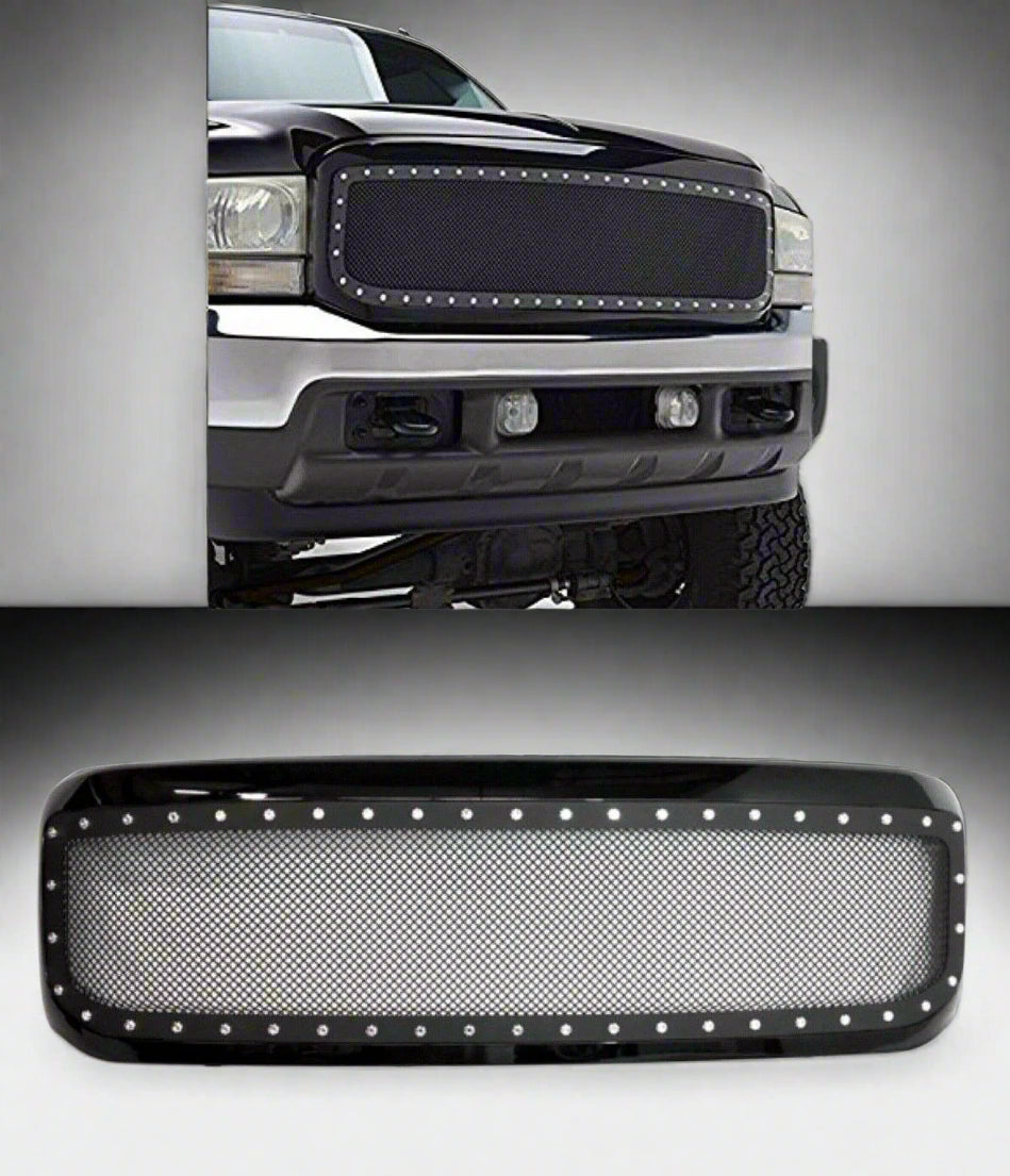 Black rivet mesh grille installed on Ford F-250
Side view of FDGRL48 grille finish and build
Close-up of stainless steel mesh and rivets
Black powder-coated grille laid flat
Packaging and grille kit contents