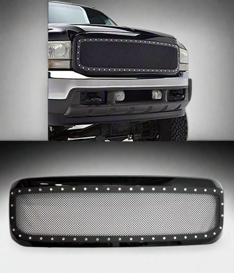 Black rivet mesh grille installed on Ford F-250
Side view of FDGRL48 grille finish and build
Close-up of stainless steel mesh and rivets
Black powder-coated grille laid flat
Packaging and grille kit contents